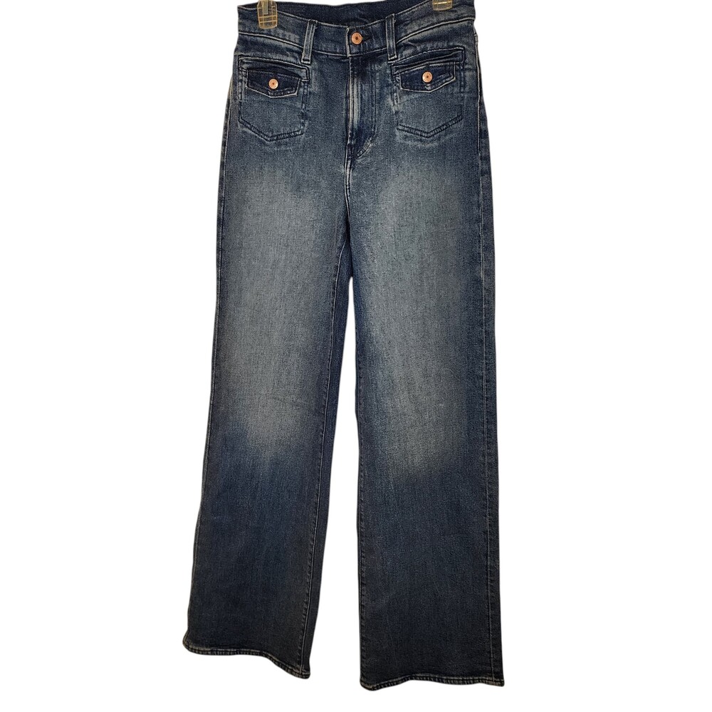 Gap High Rise Wide Leg Utility Trouser Jeans Blue Front Flap Pockets 27 Tall EUC